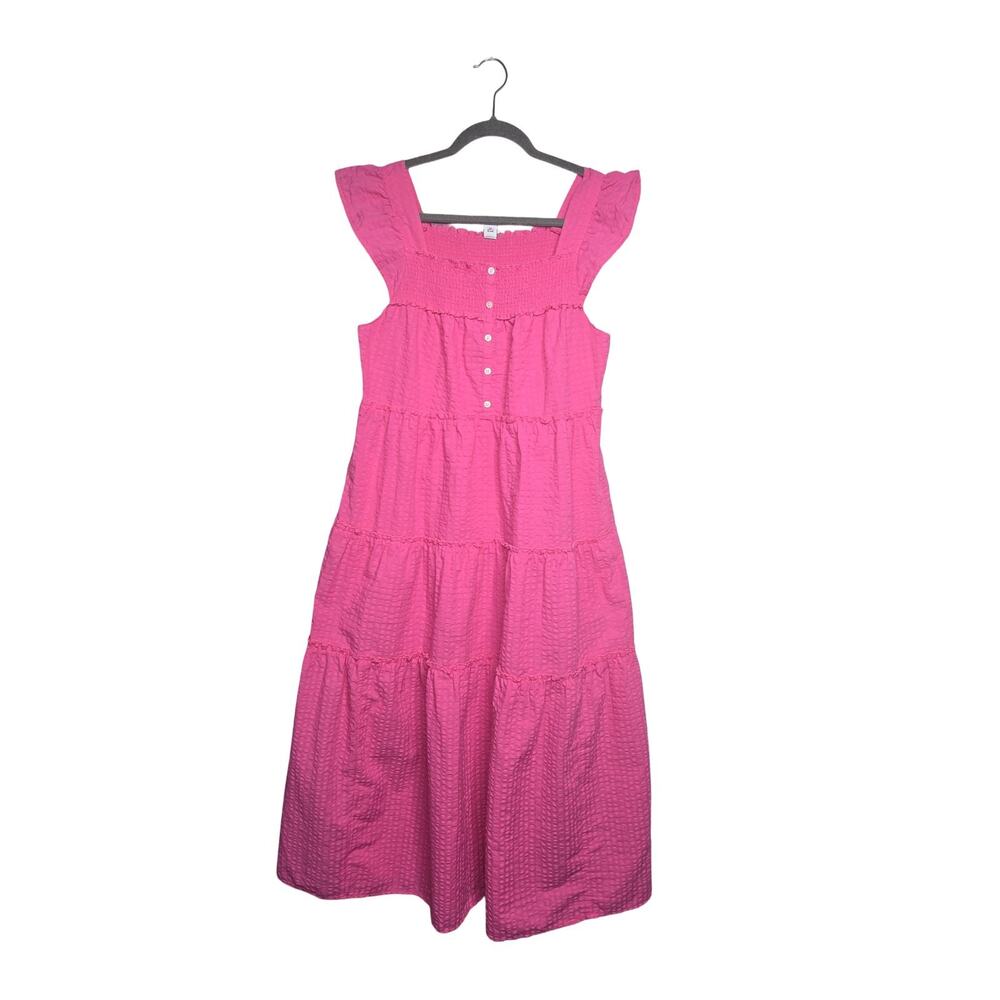 Old Navy Pink Smocked Midi Dress M Tiered Ruffle Strap Cottagecore Sundress - Picture 11 of 12